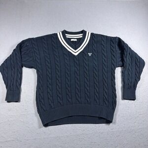 Aritzia TNA Cable Knit‎ V Neck Cardigan Women M Dark Blue Varsity Preppy